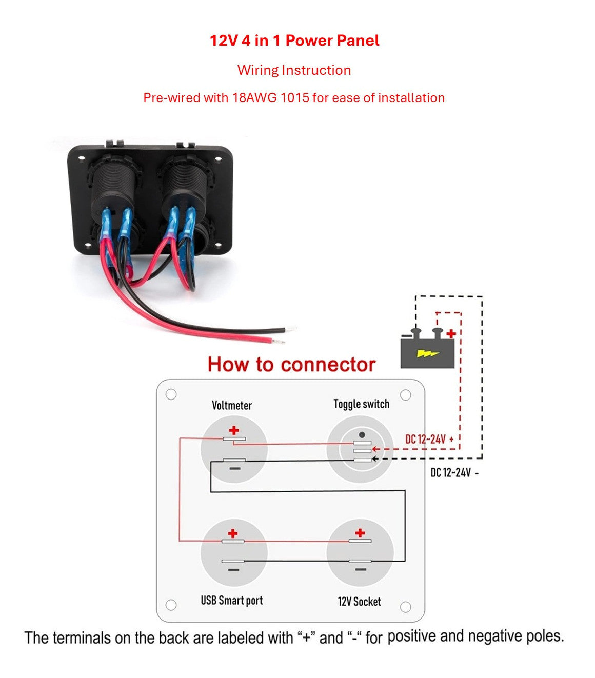12V 4 in 1 Power Panel; Dual USB, 12V Socket, LED Voltmeter, Power Outlet
