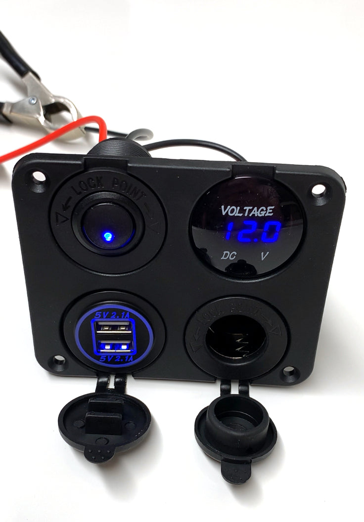 12V 4 in 1 Power Panel; Dual USB, 12V Socket, LED Voltmeter, Power Outlet