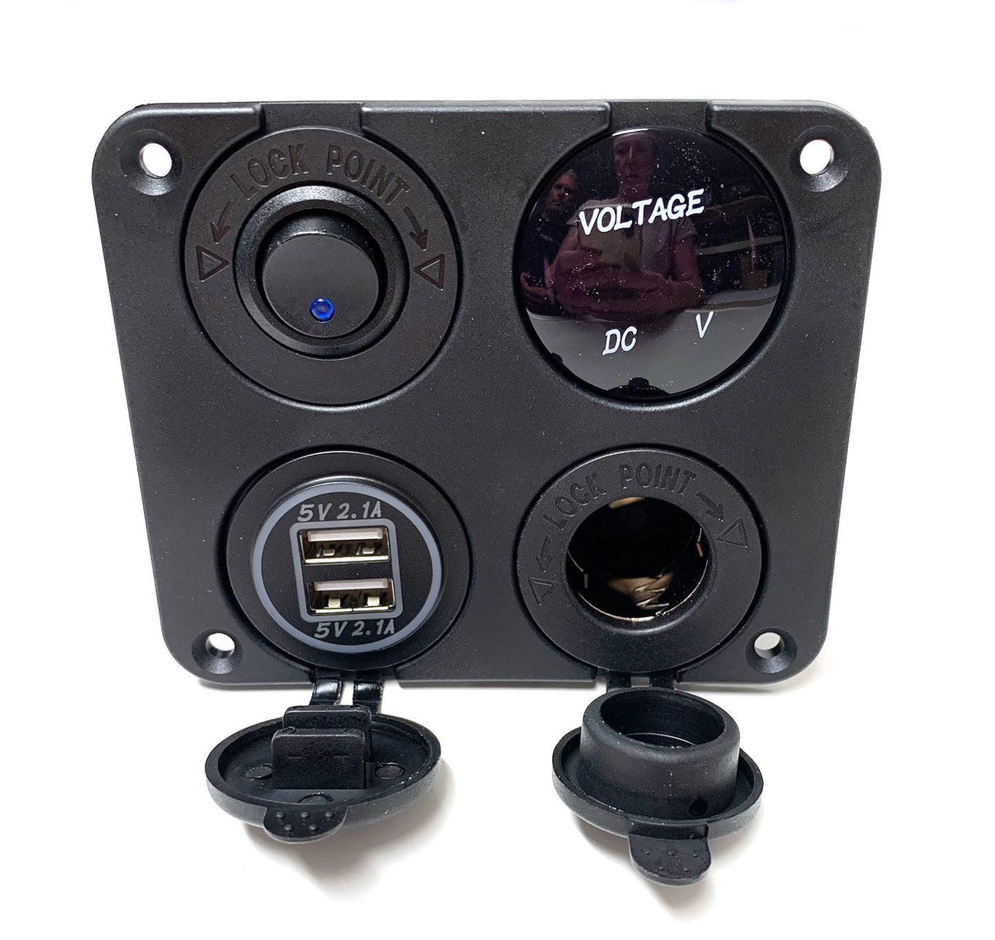 12V 4 in 1 Power Panel; Dual USB, 12V Socket, LED Voltmeter, Power Outlet
